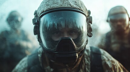 This image features a soldier with goggles in misty surroundings, displaying an intense readiness for action, portraying strength, focus, and unwavering resolve.