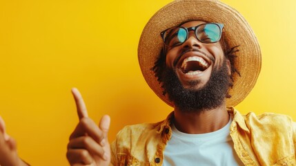 A joyful man with a beard, wearing a straw hat and sunglasses, laughs heartily under the sun, capturing a relaxed and carefree moment in a sunny setting.