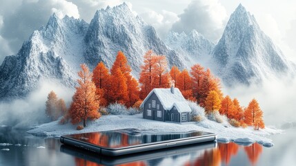 A miniature winter wonderland scene with a small cottage nestled amongst orange trees and snow-capped mountains, reflected in a smartphone screen.