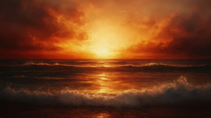 Fototapeta premium Textured oil painting of a sunset over the ocean, warm colors, natural beauty