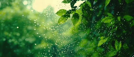Experience the serenity of raindrops dancing on a car window amidst blurred green trees