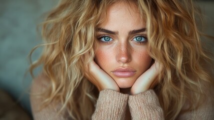 Fototapeta premium A young woman displays a captivating presence through her wild, curly hair and an intense, piercing gaze, symbolizing strength, beauty, and youthful vibrancy.