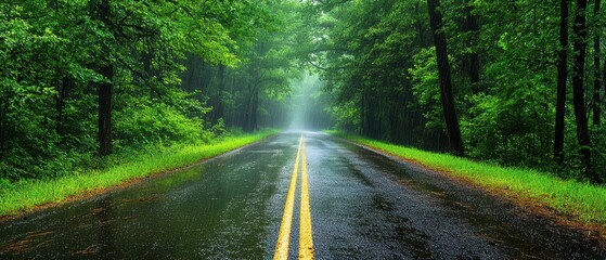 Explore the mystical beauty of a raindrenched forest road under misty light