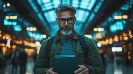 Obraz premium A mature man with gray hair and beard, wearing dark-rimmed glasses and a green jacket, holds a tablet in his hands in a modern, well-lit space.