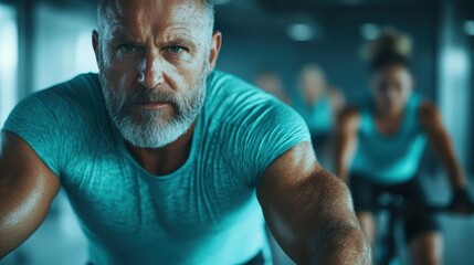 A focused man with a gray beard, wearing a blue shirt, rides a stationary bike in a contemporary gym environment, exuding intensity, dedication, and fitness goals.