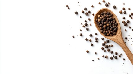 A scattering of black peppercorns surrounds a wooden spoon on a blank white surface, evoking a culinary ambiance that highlights cooking essentials and spicy flavors.
