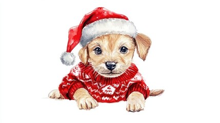 Watercolor puppy in a cozy holiday sweater and Santa hat, isolated on a white background