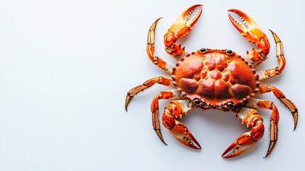 63.Crab isolated on a white background as fresh seafood or shellfish food concept as a complete red shell crustacean in an overhead view: