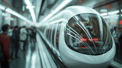 Fototapeta premium A high-speed modern train at a bustling futuristic station, capturing the essence of transit and technology with reflective surfaces and dynamic lighting.