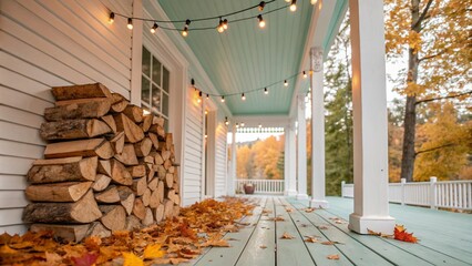 Charming autumn porch with a light blue wooden floor, stacked firewood, and festive string lights. Surrounded by golden foliage, it captures a cozy seasonal atmosphere of countryside living.