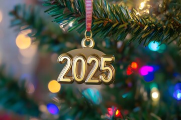 Golden 2025 Ornament Hanging on a Christmas Tree