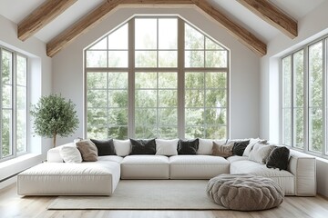 Fototapeta premium Spacious, bright living room with large sofa and windows.