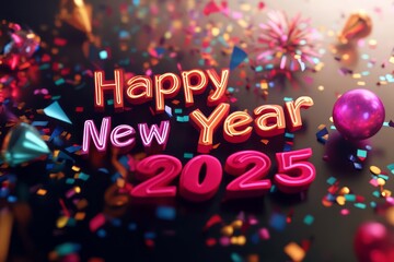 Happy New Year 2025 Celebration with Confetti and Decorations