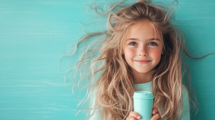 A young girl with messy, long blonde hair holds a blue cup and smiles against a turquoise wall, evoking a carefree and whimsical sense of childhood wonder and curiosity.