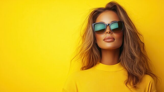 A fashionable woman wearing sunglasses poses confidently against a bright yellow background, exuding an air of mystery and elegance in a modern setting.