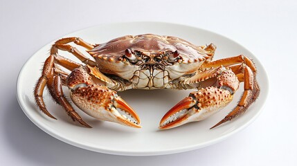 19.A single hairy crab, perfectly steamed and placed on a white plate, with its claws and legs spread. The rough, textured shell is highlighted, and the crabâ€™s body is opened to reveal the rich,
