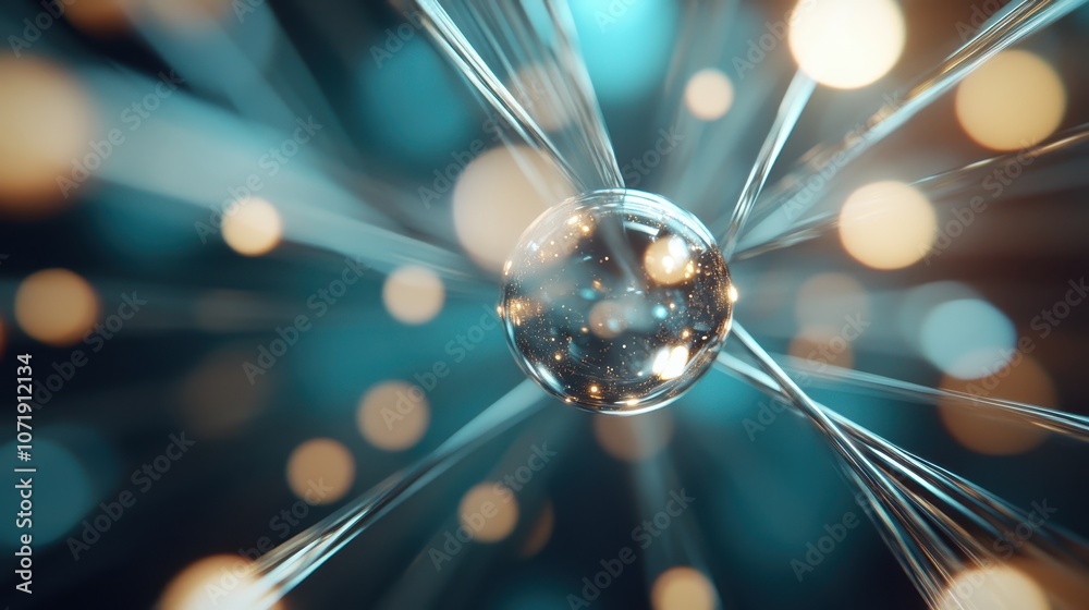 Poster an abstract image showcasing a single glowing particle emitting dynamic energy streams against a blu