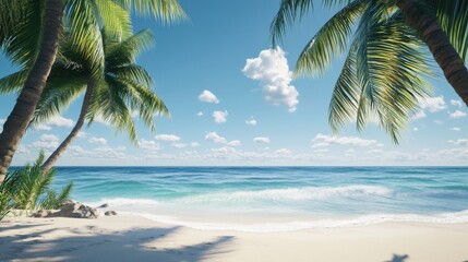 Obraz premium A serene tropical beach scene with lush palm trees swaying in the gentle breeze under a clear blue sky.