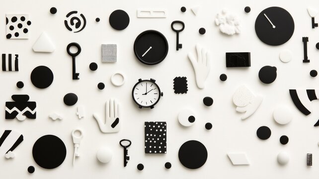 A monochromatic chaotic collage featuring random objects such as old watches, keys, hands, and abstract geometric shape