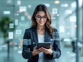 Young professional woman holding tablet computer and analyzing data 