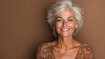 An older woman with short, stylish silver hair beams with a warm smile, exuding confidence and warmth against a simple brown background, emanating elegance.