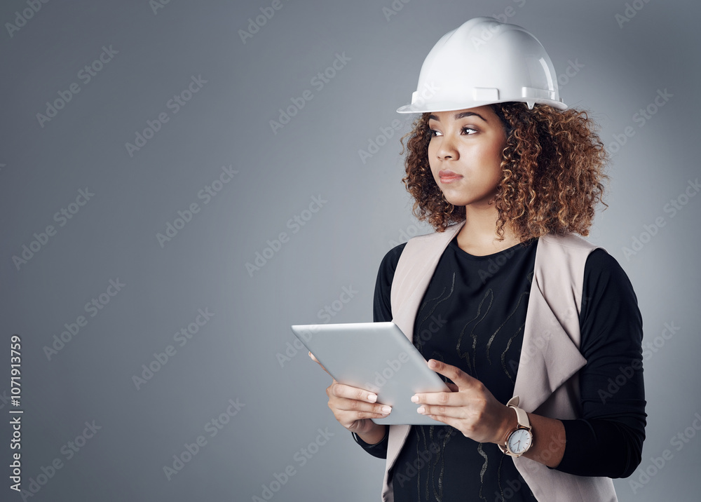 Aufkleber studio, woman and thinking with tablet for architecture, construction project or business solution. 