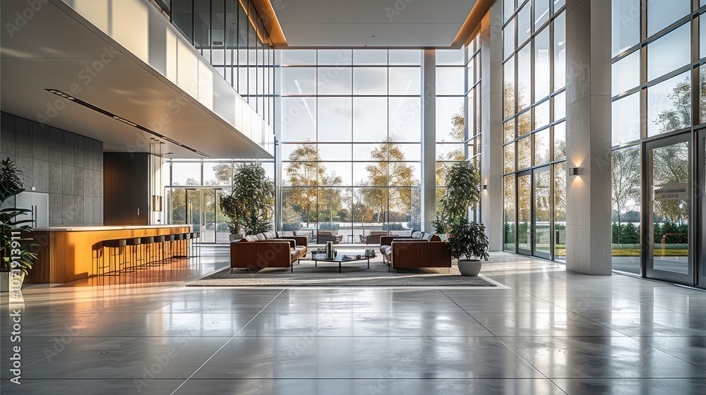 Poster modern interior design, a large open-space lobby with double-height ceilings in an office building. 