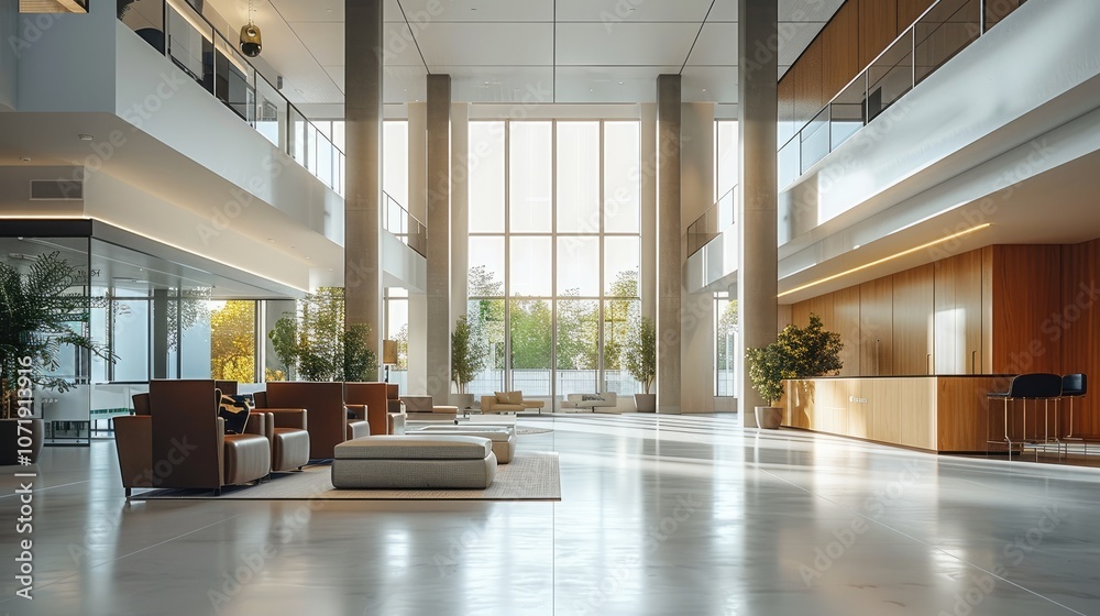Poster modern interior design, a large open-space lobby with double-height ceilings in an office building. 
