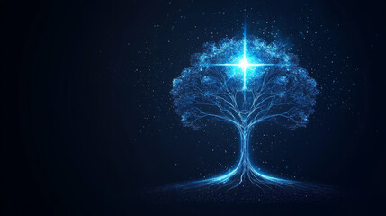 futuristic hologram tree with shining digital star, glowing in dark background, symbolizes life and technology