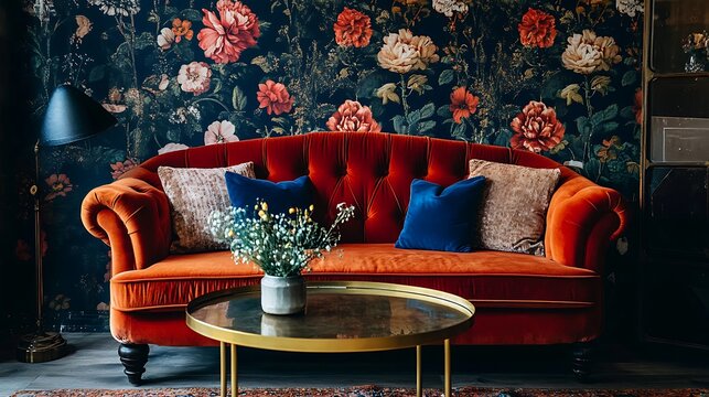 Bold wallpaper behind a stylish velvet sofa, paired with a brass coffee table