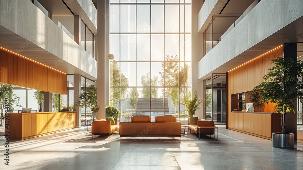 Poster modern interior design, a large open-space lobby with double-height ceilings in an office building. 