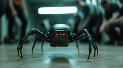A futuristic robot spider navigates through a corridor, emphasizing technological advancements and innovation in the field of robotics and artificial intelligence.