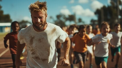 A man enthusiastically leads a group of children on a track, representing leadership, motivation, inspiration, and the joy of outdoor activities and physical fitness.