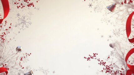 Naklejka premium A beautifully crafted winter wreath features lush evergreen branches and vibrant red ribbons, creating a festive atmosphere perfect for the holiday season. Snow delicately blankets the design.
