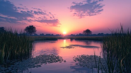 Obraz premium Tranquil sunset over a serene lake, with vibrant hues reflecting off the water's surface and lush greenery surrounding.