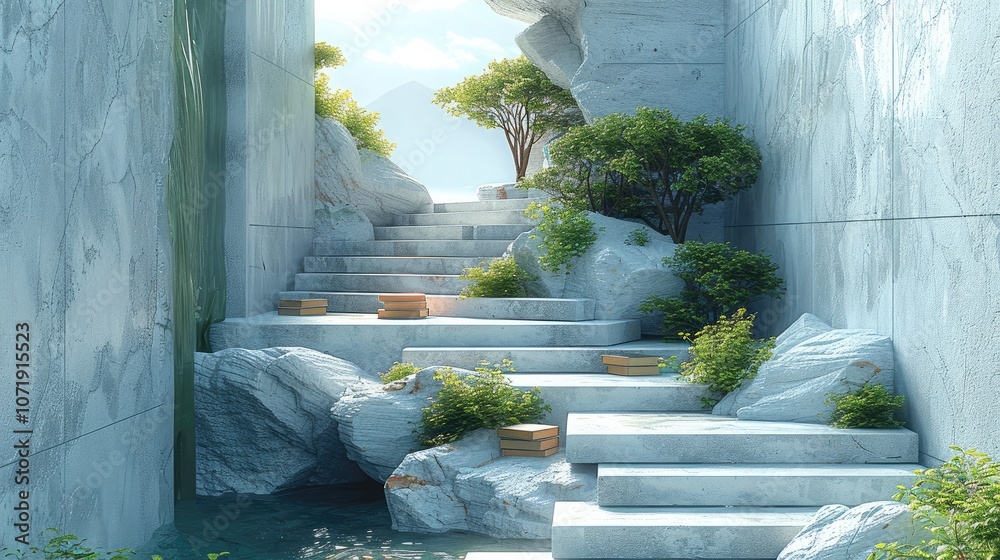 Poster an abstract geometric design with concrete stairs, green plants and books on the steps, rocks around