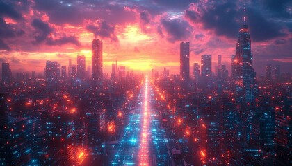 Fototapeta premium Blockchain Network Across a Cityscape, sprawling futuristic city connected by blockchain bridges stretching across skyscrapers, each block representing a compliance protocol.
