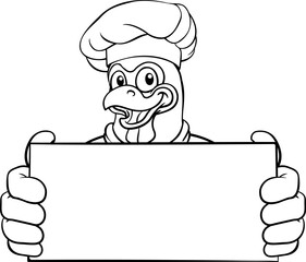 A chicken chef hat cartoon rooster cockerel bird mascot holding a sign with copy space