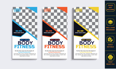 The editable fitness flyer and Rack card template features a man lifting a dumbbell. It is ideal for gym promotions, personal training ads, or health clubs.