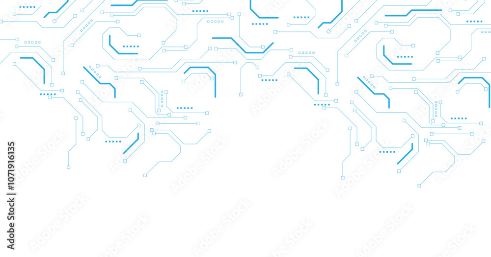 Poster Blue circuit diagram on white background. High-tech circuit board connection system.Vector abstract technology on a white background.