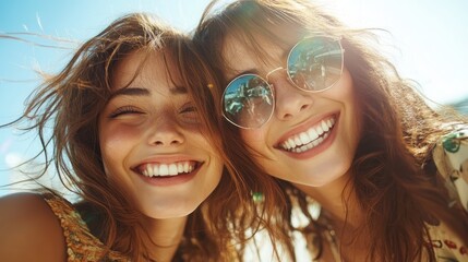 Fototapeta premium Two friends are captured from a close angle on a sunny day, smiling widely, with sunshine illuminating their joyful expressions, representing friendship and happiness.