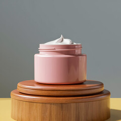A blank pink cream jar on a wooden podium