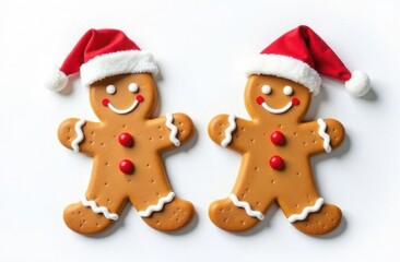 Two gingerbread cookies wearing Santa hats on a white background, decorated with red buttons, smiling faces