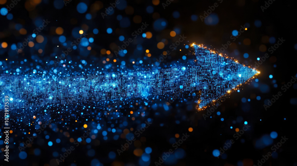 Poster vibrant blue digital arrow with binary code matrix and pixelated motifs