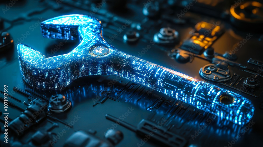 Poster digital wrench with binary code for ai predictive maintenance and equipment diagnostics