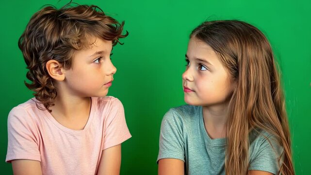 Boy and girl posing in a studio, looking at each other with serious expressions on their faces. Green screen background