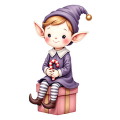 Sitting Christmas Elf with Candy Cane on Gift Box in Purple Outfit
