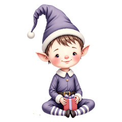 Sitting Christmas Elf with Gift in Purple Outfit
