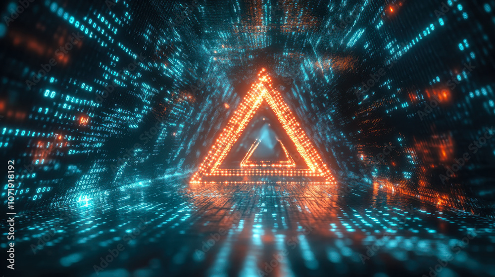 Fototapete Futuristic Matrix with Binary Code Flow Through Illuminated Triangle Gateway