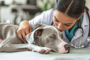 Vet comforting sleeping dog on examining table